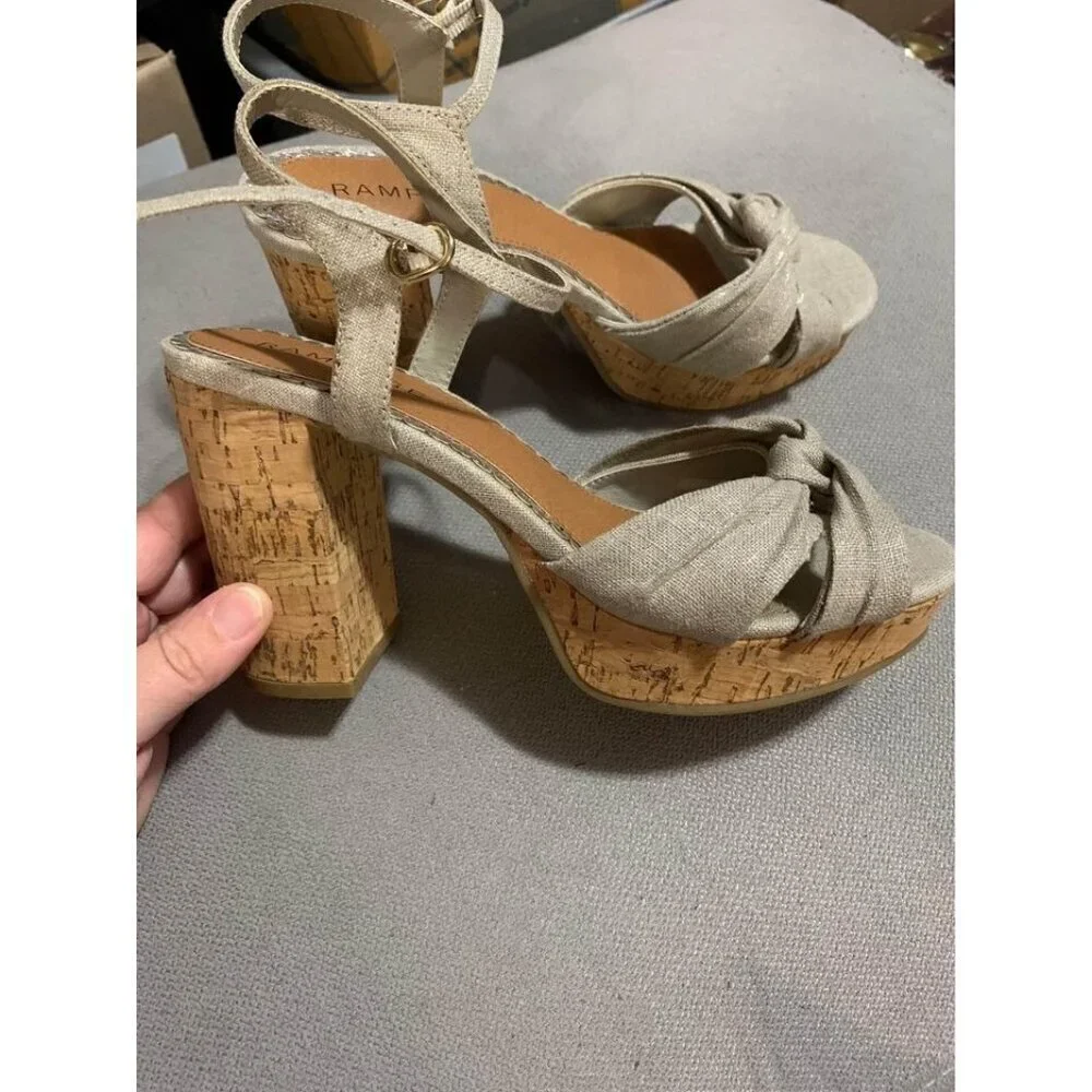 Rampage 4” Heels Wedge Summer Party Clubwear Dance Peep Toe Beige Women’s Size 7